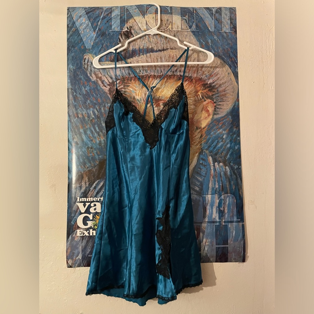 Vintage Frederick's of Hollywood Blue & Black Satin Mini Slip Dress